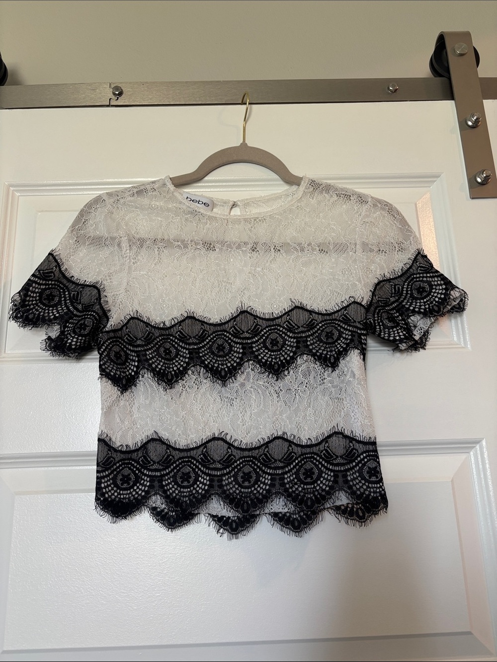 bebe White Lace/Sheer Short Sleeve Top